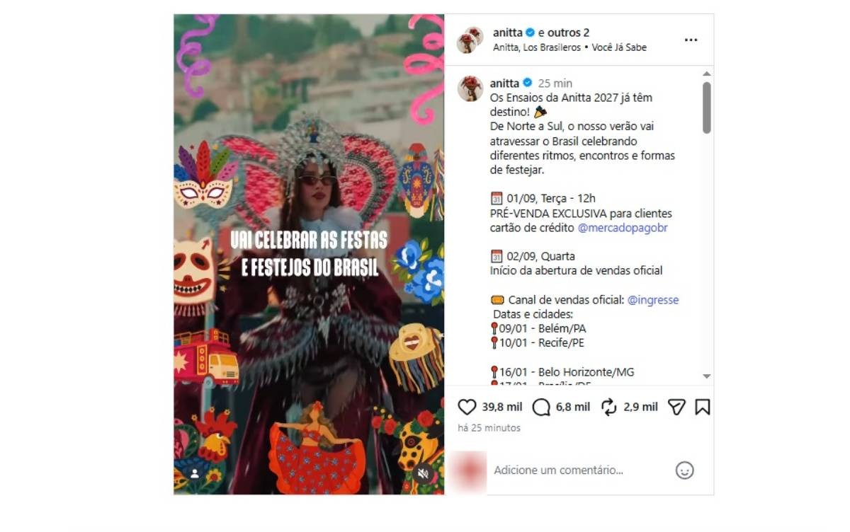 Imagem ilustrativa sobre Anitta anuncia tour Ensaios 2027: BH, Belém e Recife na lista, Salvador permanece de fora