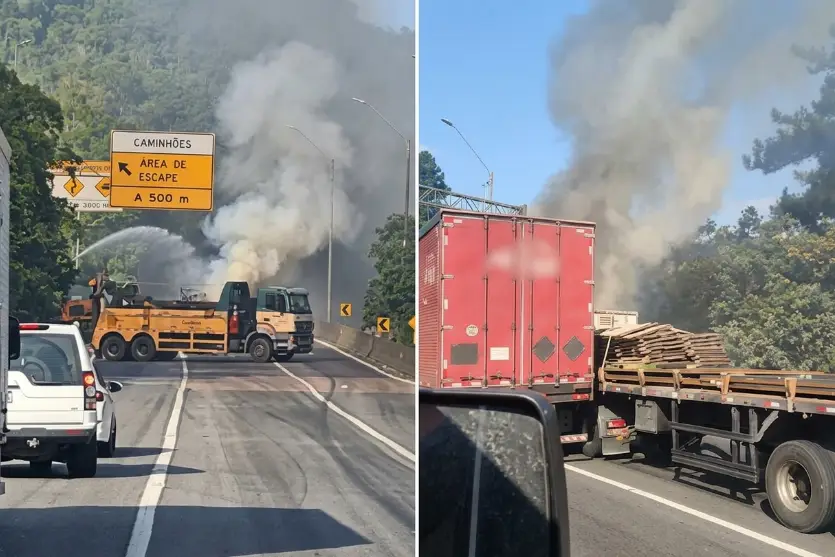 Engavetamento de três carretas na BR-376 provoca incêndio e fila de 10 km; fogo também ameaça posto em BH