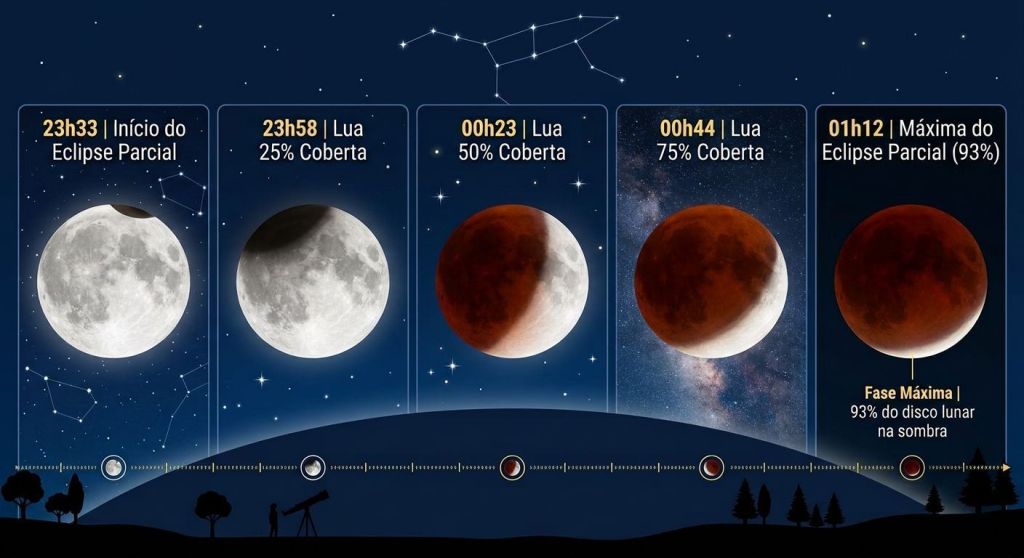 Imagem ilustrativa sobre Eclipse lunar no Brasil com "Lua de Sangue": assista ao vivo ao fenômeno